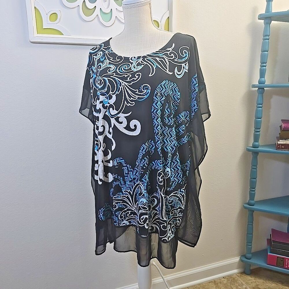 JM Collection Womens Tunic Top Plus Sz 3X Black Blue White Scroll Design Kimono